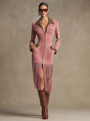 Western Retro Leopard Print Pink Faux Suede Zipper Tassel Midi Dress