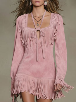 Western Retro Pink Faux Suede Tassel Long-Sleeved Mini Dress