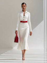 White Wool Lapel Button Design Maxi Dress