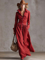 Exquisite Retro Western Lapel Front Button Red Windbreaker Style Cotton And Linen Maxi Dress