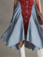 Western-style Retro Plaid Chiffon Red Faux Suede Sleeveless Midi Dress