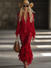 Fashion Western Long Sleeve Zipper V Neck Hem Ruffle Red Lace Maxi Dress