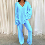 Comfortable Solid Color V-neck Daily  Two-piece Set
