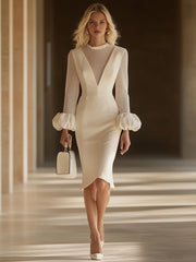 【24-hour shipping out】Elegant Classic Splicing Mesh Puff Sleeve Midi Dress