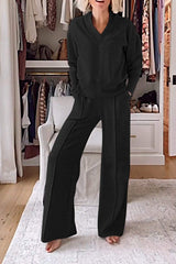 Solid Color V-neck Top & Pants Two-piece Set
