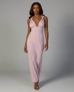 SELYA Plunge Halter Ruched Maxi Dress