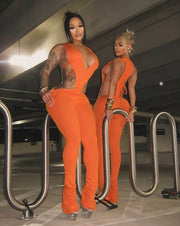 NERI Plunge V Cutout Bodysuit & Flare Pants Set