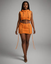 YESSA Knit Hooded Crop Top & Lace-Up Mini Skirt Set