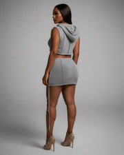 YESSA Knit Hooded Crop Top & Lace-Up Mini Skirt Set
