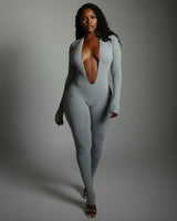 VEYONA Plunge Neck Long Sleeve Jumpsuit