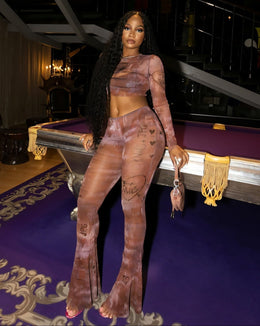 EVARINE Graffiti Print Mesh Long Sleeve Top & Flare Pants Set