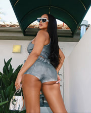CLARISSA Denim Zip Up Top & Shorts Set