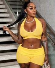 ZEIRA Ribbed Halter Crop Top & High-Waisted Shorts Set