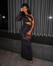 GIANNA Hollow Belly One-shoulder Sleeve Maxi Dress