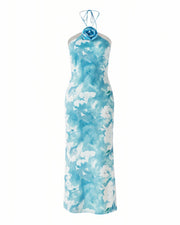 SHANE 3D Floral Applique Halter Maxi Dress