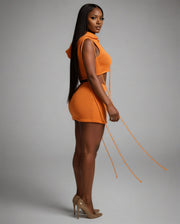 YESSA Knit Hooded Crop Top & Lace-Up Mini Skirt Set