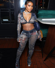 LAILA Mesh Striped Print Long Sleeve Top and Pants Set