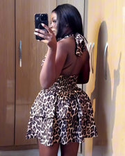 PEACHY Leopard Halter Ruffle Mini Dress