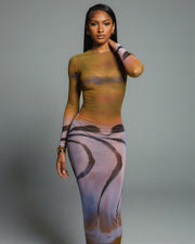 MACY Abstract Print Long Sleeve Mesh Maxi Dress
