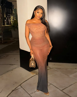DELMA Mesh Ruched Off-Shoulder Maxi Dress
