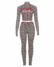 DELYSSA Leopard Cropped Jacket Top & Pants Set