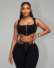 YUNA Ribbed Zip-up Top & Strappy Cutout Pants Set