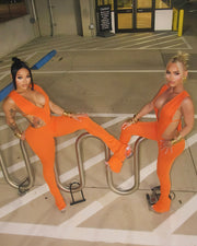 NERI Plunge V Cutout Bodysuit & Flare Pants Set