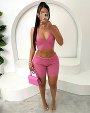 ZEIRA Ribbed Halter Crop Top & High-Waisted Shorts Set