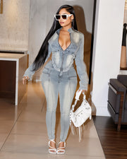 HARISHA Denim Zip-Up Top & Pants Set