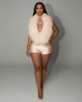 LANNY Deep V Neck Faux Feather Satin Romper