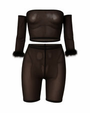 RAMIRA Faux Feather Trim Mesh Top & Shorts Set