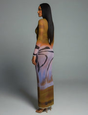 MACY Abstract Print Long Sleeve Mesh Maxi Dress