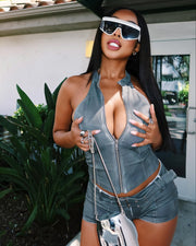 CLARISSA Denim Zip Up Top & Shorts Set