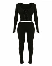 HYACINTH Lace-Up Front Fitted Top & Leggings Set