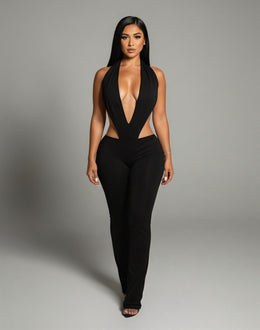 ELONA Deep Plunge Halter Flare Jumpsuit