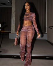 EVARINE Graffiti Print Mesh Long Sleeve Top & Flare Pants Set