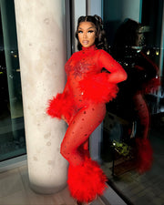 CHARICE Rhinestone & Faux Fur Trim Jumpsuit