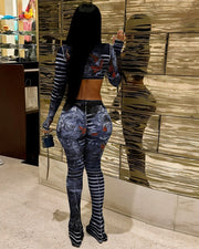 LAILA Mesh Striped Print Long Sleeve Top and Pants Set
