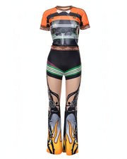 ASHLYN Printed Mesh Crop Top & Pants Set
