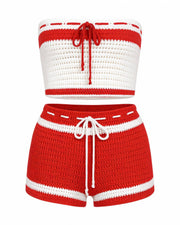 BELLE Striped Crochet Knit Top & Short Set