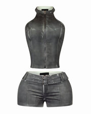 CLARISSA Denim Zip Up Top & Shorts Set