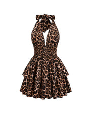PEACHY Leopard Halter Ruffle Mini Dress