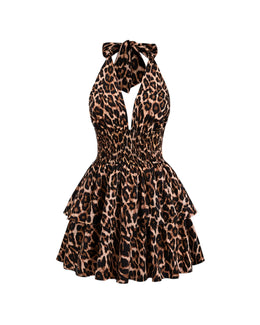 PEACHY Leopard Halter Ruffle Mini Dress