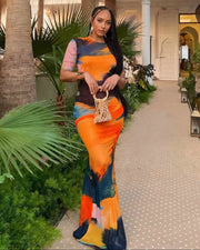 CAIA Round Neck Short Sleeve Printed Maxi Dress