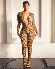 LYSSE Deep-Plunge Leopard Print Jumpsuit