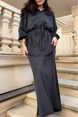 Long-sleeved Tie-Drawstring Shirt and Skirt Set