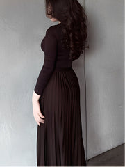 Brown long-sleeved top and pleated skirt set