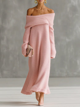 Pink Mohair One-shoulder Loose Maxi Dress