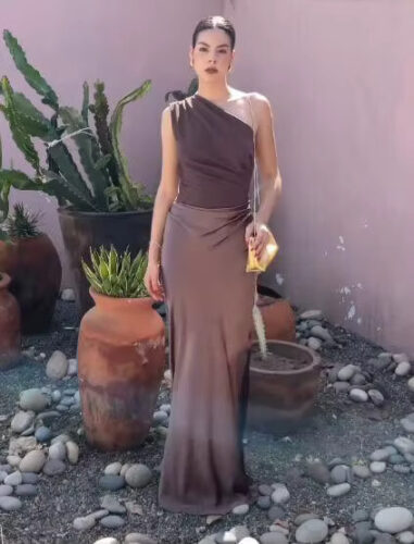 Satin Inclined Shoulder Sexy Maxi Dress photo review