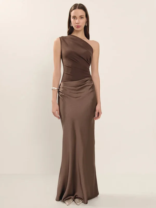 Satin Inclined Shoulder Sexy Maxi Dress - Image 3